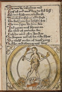 Eine nackte weibliche Figur, die eine brennende Fackel hält. Ein Skorpion, der den Skorpion darstellt.