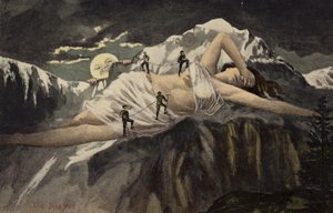 Eine nackte Frau auf einem Berghang, der von Bergsteigern erklommen wird, während der Mond zusieht