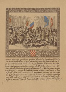 Eine Seite aus einem französischen Manuskript des 16. Jahrhunderts, die eine Szene aus Froissarts Chroniken darstellt von German School