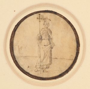 Ein Rundbild, das Christus mit einem langen, am Hals befestigten Umhang und einem Prozessionskreuz zeigt von German School