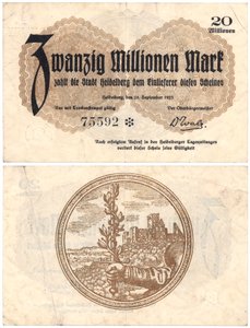 Eine Zwanzig-Millionen-Mark-Banknote, 1923 (Vorder- und Rückseite)