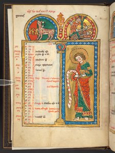 April, Teil von 12 Kalenderseiten in Gold und Farben, mit architektonischen Rahmen, die ein Sternzeichen, einen Apostel und eine Arbeit des Monats enthalten