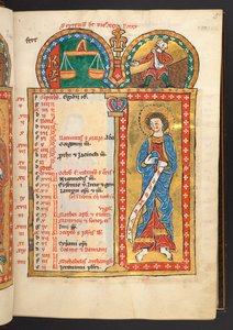 September. 12 Kalenderseiten in Gold und Farben, mit architektonischen Rahmen, die jeweils ein Sternzeichen, einen Apostel und eine Arbeit des Monats enthalten. Psalter. Illuminierter Psalter mit einem Kalender, Cantica und Litaneien für den Gebrauch von n von German School