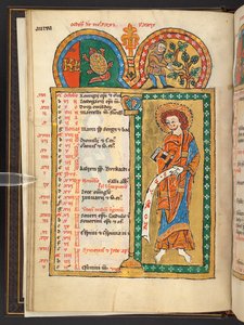 Oktober. 12 Kalenderseiten in Gold und Farben, mit architektonischen Rahmen, die jeweils ein Sternzeichen, einen Apostel und eine Arbeit des Monats enthalten. Psalter. Illuminiertes Psalter mit einem Kalender, Cantica und Litaneien für den Gebrauch von Non von German School