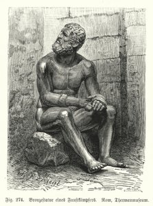 Antike griechische oder römische Bronzestatue eines sitzenden Boxers (Gravur) von German School