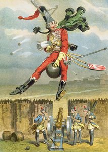 Baron Münchhausen fliegt über die feindlichen Linien auf einer Kanonenkugel, Illustration aus einer deutschen Ausgabe der Abenteuer des Baron Münchhausen von German School