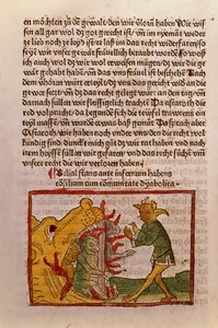 Belial an den Toren der Hölle, Illustration aus einer deutschen Übersetzung von Das Buch Belial, 1473 (kolorierter Holzschnitt)