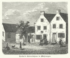 Geburtsort des deutschen Autors, Philosophen und lutherischen Theologen Johann Gottfried von Herder, Mohrungen (Stich)