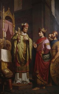 Bischof Bernward zeigt Kaiser Otto III. sein Kreuz von German School