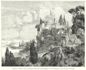 Küstenlinie der Bucht von Neapel von der antiken römischen Stadt Baiae, Kap Miseno, mit Vesuv im Hintergrund