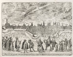 Komet über Augsburg Ende November 1618, aus Cometen Historia, veröffentlicht 1618