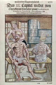 Schröpfen, aus Ophthalmodouleia von Georg Bartisch (1535-1636) veröffentlicht in Dresden 1583 (Farbholzschnitt) von German School