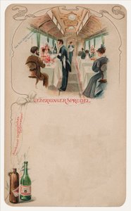 Speisewagen in einem Zug, Werbung für Ueberkinger Sprudel Tafelwasser von German School