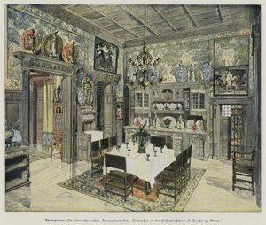 Speisezimmer eines wohlhabenden rheinischen Industriellen, hergestellt von der A Bembe Möbelmanufaktur in Mainz, Deutschland (farbiger Stich)
