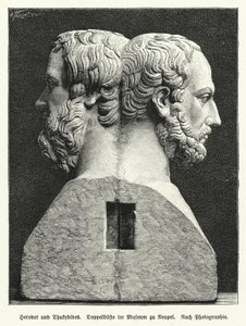 Doppelbüste von Herodot und Thukydides, antike griechische Historiker (Lithographie) von German School
