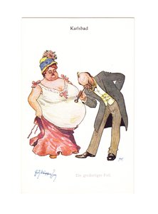 Edwardianische humorvolle Postkarte eines Arztes, der mit seinem Stethoskop an den Bauch einer sehr dicken Frau lauscht, ca. 1910 (Farblithografie)