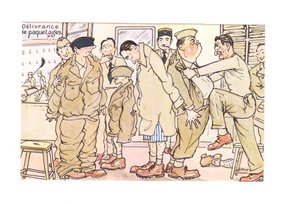 Edwardianische humorvolle Postkarte von neuen Rekruten, die an einer Armeestation untersucht werden, um 1910