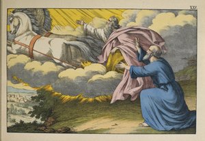 Elia fährt im Wirbelwind in den Himmel und lässt seinen Schüler Elisa zurück, um sein Werk fortzusetzen, Illustration aus dem Alten Testament, veröffentlicht von Jakob Ferdinand Schreiber, Esslingen (Farbstich) von German School