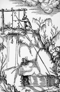 Gravur aus De re metallica (Über die Natur der Metalle), von Georg Pawer oder Georgius Agricola, veröffentlicht in Basel von German School