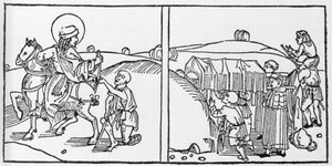 Episoden aus dem Leben des Heiligen Martin. Gravur aus „Leben der Heiligen - Sommerteil“ von Jacobus von Voragine (1228-1298). Lübeck 1488