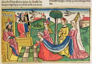 Esther wird von König Ahasverus zur Königin gewählt, aus der Nürnberger Bibel (Biblia Sacra Germanaica) von German School