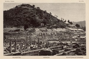 Ausgrabung der Stätte des antiken Olympia, Griechenland: die Palaestra, der Hera-Tempel und die Schatzhäuser (Gravur) von German School