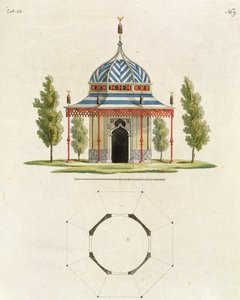 Außenansicht eines chinesischen Gartentempels, aus Recent New Ideas for the Garden, veröffentlicht 1779 von German School