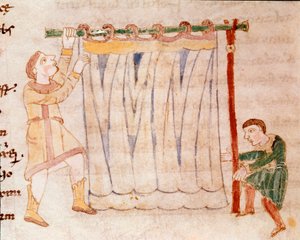 Stoffarbeit. Miniatur aus dem Manuskript „De Universo“ oder „De rerum naturis“ (Von der Natur der Dinge) von Rabanus Maurus Magnentius (ca. 780-856). 9. Jahrhundert. Archiv der Abtei Monte Cassino von German School