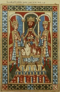 Friedrich I. mit seinen zwei Söhnen König Heinrich VI. und Herzog Friedrich, ca. 1180