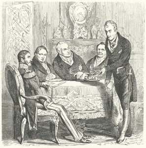 Friedrich Wilhelm III. von Preußen im Gespräch mit seinem Premierminister Karl August von Hardenberg und Klemens von Metternich, dem österreichischen Außenminister (Stich)