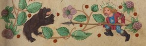 Gekränzter Jäger zu Fuß, der einen Bären speert, ca. 1475-1485 von German School