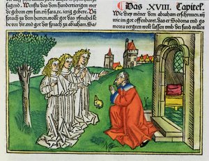 Genesis 18:2 Abraham und die drei Engel, aus der Nürnberger Bibel (Biblia Sacra Germanaica) von German School