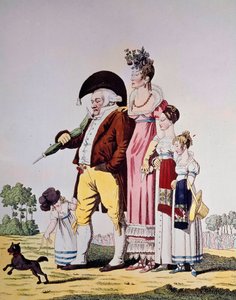 Deutscher Bürgergang am Sonntag. Karikatur einer deutschen Familie im Sonntagskleid. Gravur des 19. Jahrhunderts von German School
