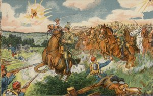 Deutsche Kavallerie unter dem Kommando von Kronprinz Wilhelm greift französische Truppen in der Nähe von Longwy, Frankreich, Erster Weltkrieg an von German School