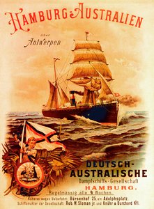 Hamburg - Australien, Plakat zur Werbung für die Deutsch-Australische Dampfschifffahrtsgesellschaft, 1889
