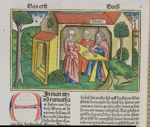 I Samuel 1:8 Elkana tröstet Hanna, aus der Nürnberger Bibel (Biblia Sacra Germanaica) von German School