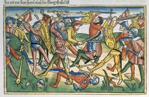 Die Philister führen Krieg gegen Israel, aus der Nürnberger Bibel (Biblia Sacra Germanaica)