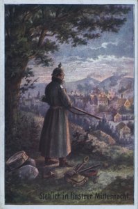Ich stehe in der mitternächtlichen Dunkelheit: Deutscher Soldat auf Wache über ein Dorf