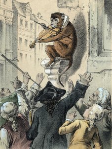 Illustration von Franz Hoffmanns Märchen „Märchen und Fabeln - Der Affe und die Geige“: Ein Affe spielt Geige vor einer Menschenmenge. Chromolithographie des 19. Jahrhunderts. von German School