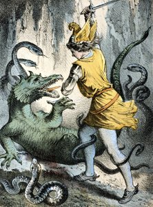 Illustration von Franz Hoffmanns Erzählungen „Märchen und Fabeln“: „Von Wunderhold und Tausendschön“ (ein Mann tötet ein Monster oder einen Drachen). Chromolithographie des 19. Jahrhunderts