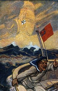 Illustration deutscher Propaganda aus der Zeitschrift Jugend während des 1. Weltkriegs. Ein englischer Seemann wird durch das Erscheinen eines Geisterschiffs, das die Flagge des Reiches führt, terrorisiert von German School