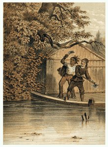 Illustration der Eroberung des Amazonas durch Europäer. In „De Bootslieden der Amazon-River“, Karl Muller, Niederlande von German School