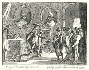 Jakob II. von England verweigert dem Parlament die Sitzung (Gravur)