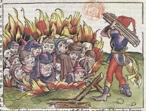 Juden auf dem Scheiterhaufen verbrannt, aus der Nürnberger Chronik von Hartmann Schedel, 1493 von German School