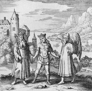 König und gesunder Geist führen den Prinzen aus Musaeum Hermeticum von German School