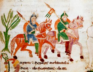 Ritter mit Pferden. Miniatur aus dem Manuskript „De Universo“ von Rabanus Maurus Magnentius (9. Jahrhundert)