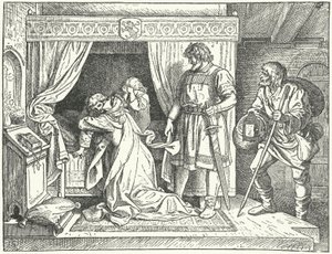 Margarete von Sizilien, Tochter des Heiligen Römischen Kaisers Friedrich II., verlässt ihre Söhne nach der Entdeckung des Ehebruchs ihres Mannes, Albrecht der Entartete, Markgraf von Meißen von German School