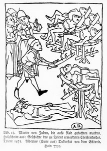 Märtyrertod der Juden auf dem Rad, aus der Geschichte des christlichen Kindes, das in Trient ermordet wurde, veröffentlicht in Trient von Albertus Kune, 1475 von German School