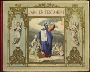 Moses empfängt die Gesetzestafeln von Gott auf dem Berg Sinai, Frontispiz-Illustration aus dem Alten Testament, veröffentlicht von Jakob Ferdinand Schreiber, Esslingen (Farbstich) von German School