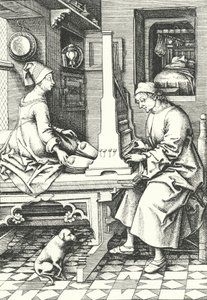 Musiker spielen eine Orgel in einem Landhaus im 15. Jahrhundert